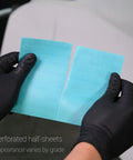 Flexible Sanding Sheets Peach K1500 Hook And Loop 191 2505 25 Sheets Pack shown in perforated half-sheets