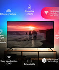 Smart LED Light Strip Bundle with color effects displayed on TV with sunset background, highlighting features and easy setup