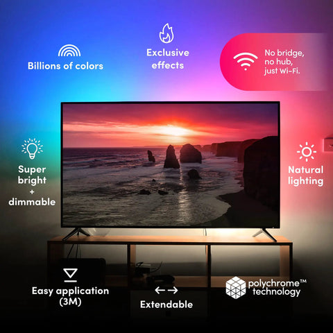 Smart LED Light Strip Bundle with color effects displayed on TV with sunset background, highlighting features and easy setup