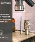Front view of Cortool 1-in diameter annular cutter with pilot pin and mag drill chuck on workbench