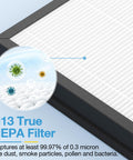 Close-up of H13 True HEPA filter with diagram showing 99.97% efficiency, part of the 2 Pack Replacement Filter For HAP603 Air Purifier HAP603WF 3 Stage Filtration.