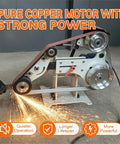 Built Like A Tank 2x72 Inch Belt Grinder Sander With Smooth 1500W Motor For Quick Vertical Or Horizontal Sanding And Serious Commercial Metal Fabrication Jobs, showing pure copper motor and sparks during grinding.