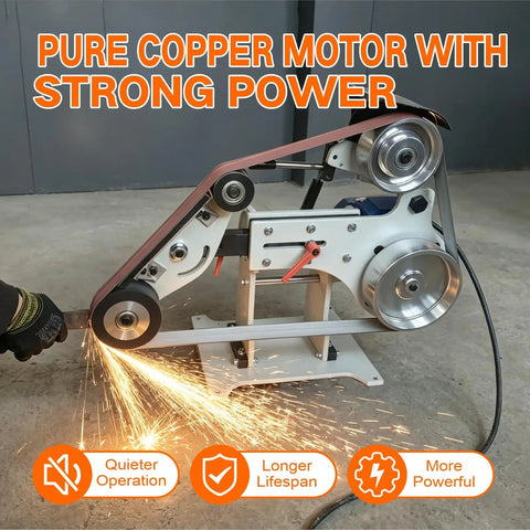 Built Like A Tank 2x72 Inch Belt Grinder Sander With Smooth 1500W Motor For Quick Vertical Or Horizontal Sanding And Serious Commercial Metal Fabrication Jobs, showing pure copper motor and sparks during grinding.