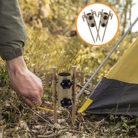 Setting up Six Piece Adjustable Tent Poles And Heavy Duty Canopy Stakes Kit with aluminum pegs on grass.