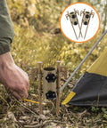 Heavy Duty Adjustable Tent Pole Stakes Kit With Metal U Shaped Anchors And Stake Puller securing tent on grass
