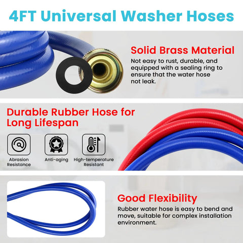 4 Ft Burst-Proof Rubber Washing Machine Hoses For Hot And Cold Water Supply, Flexible 3/4 Inch NPT Washer Hoses, Durable PVC-Coated