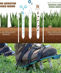 Diagram of lawn aerator shoes with adjustable straps, spiked nail sandals for deep soil aeration and thatch reduction, fits most sizes