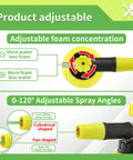 Foam Cannon With Dual Connectors For Pressure Washers showing adjustable foam concentration and 0-120° spray angles, yellow