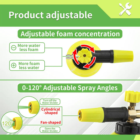 Foam Cannon With Dual Connectors For Pressure Washers showing adjustable foam concentration and 0-120° spray angles, yellow