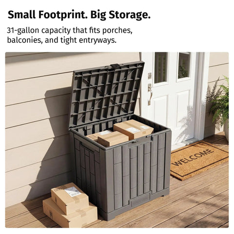 Outdoor Storage Box 31 Gallon Waterproof Resin Deck Box For Backyard Patio Cushions Gardening Tools And Gear Indoor Outdoor Use Lockable UV Resistant Weatherproof Durable Grey by a door with packages inside