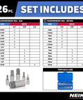 Tamper Proof Hex Bit Socket Set 26 Piece For SAE And Metric Sizes 5/64 To 9/16 Inches And 2 To 14 mm shown with storage case and parts list.