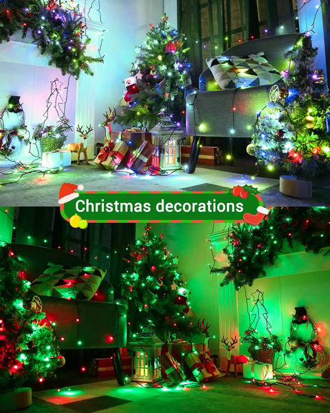 Epic 270 Ft 800 LED Color Changing Christmas Lights With Remote Memory Function And 4H 6H 8H Timer For Indoor Outdoor Use Waterproof Xmas Decor For Holiday Parties Halloween And Seasonal Festivities adorning Christmas tree and gifts in living room.