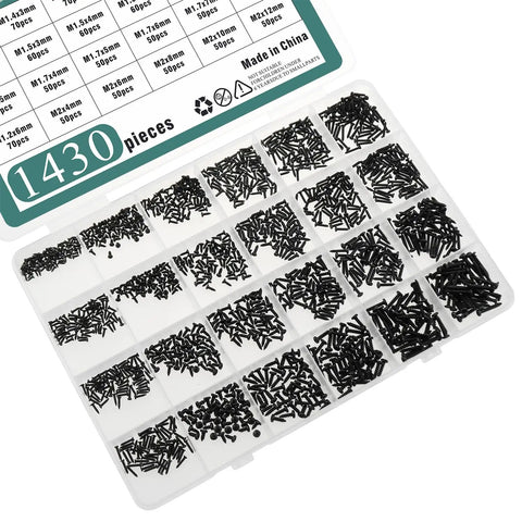 Massive 1430 Piece Black Carbon Steel Miniature Phillips Pan Head Screw Set M1.2 M1.4 M1.5 M1.7 M2 For Electronics Repair Pro Grade Rust Resistant High Quality Hardware For Delicate Fixes visible in open plastic case