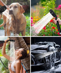 Collage showing On The Go Camping Shower With 10000mAh Battery used for pet bath, garden, personal shower, car wash