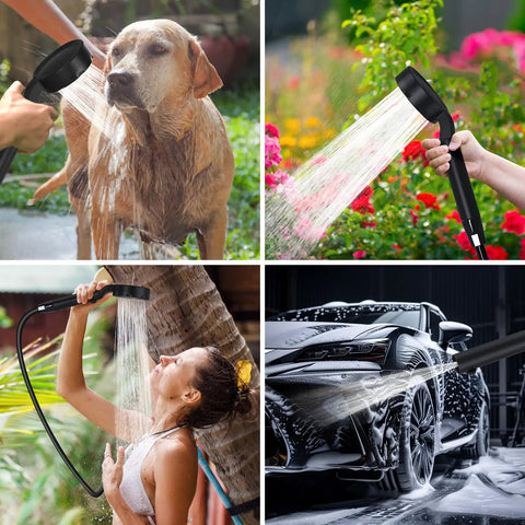 Collage showing On The Go Camping Shower With 10000mAh Battery used for pet bath, garden, personal shower, car wash