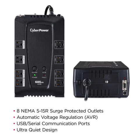 685VA AVR UPS Battery Backup And Surge Protector With Eight Outlets For Computers Gaming Rigs And Home Theater Gear Plug And Play Simulated Sine Wave UL Listed Compact Desktop Power Station