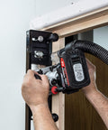 Butt Hinge Template Kit With Fully Adjustable Router Jig in use on wood door frame, handles hinge sizes 2'6" to 9'