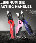 Three WORKPRO folding utility knives with aluminum handles in red, pink, and blue.