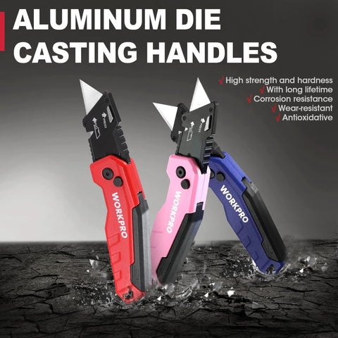 Three WORKPRO folding utility knives with aluminum handles in red, pink, and blue.