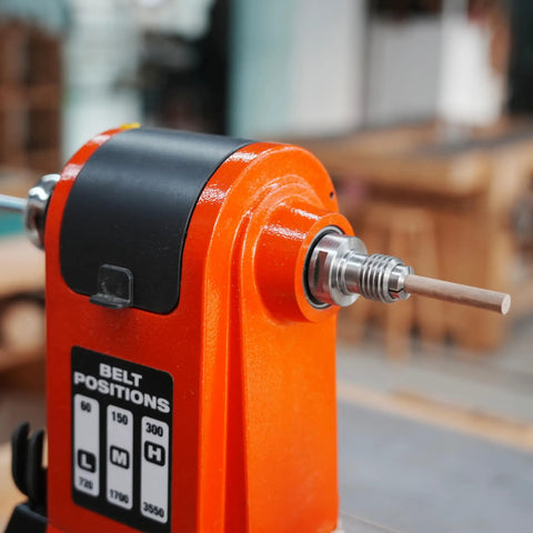 Wood lathe with Three Piece Draw Bar Collet Chuck Set MT2 Taper For Wood Lathe With Inner Thread 3/8x16TPI installed, side view