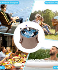 Collage of uses for 360 Pack Reusable Ice Cubes For Camping And Ice Baths; includes party, camping, fishing, and ice bath scenes.