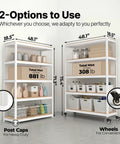 White 48 Inch Wide 5 Tier Rolling Metal Storage Cart With Locking Wheels Snap Together Tool Free Assembly Ultra Durable Shelves Perfect For Kitchen Garage And Laundry Move It Anywhere And Lock It In Place. Size and load options shown