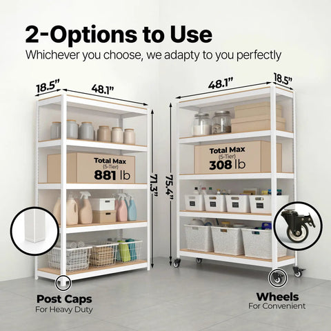 White 48 Inch Wide 5 Tier Rolling Metal Storage Cart With Locking Wheels Snap Together Tool Free Assembly Ultra Durable Shelves Perfect For Kitchen Garage And Laundry Move It Anywhere And Lock It In Place. Size and load options shown
