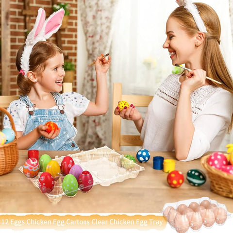 Mother and daughter painting Easter eggs with 12 count clear plastic egg cartons bulk pack on table.