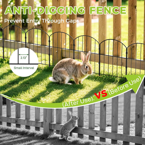 Decorative Garden Fence For Yard And Patio, Rustproof Black Metal Barrier Panels, installed showing gap prevention for small animals