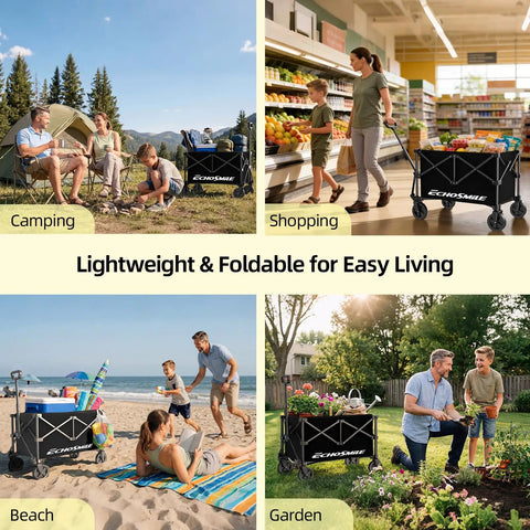 Lightweight Collapsible Wagon Cart For Easy Hauls, Compact Foldable Utility Wagon at camping, grocery, beach, and garden settings