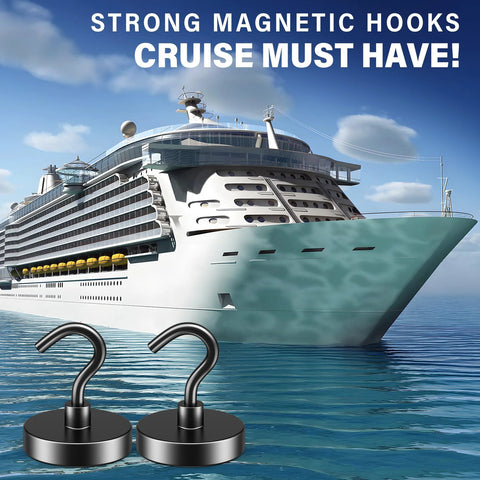 Heavy Duty Magnetic Hooks 80 Lb Capacity With Neodymium Grade 5 Magnets And Steel Construction in front of a cruise ship.