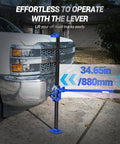 Image of a truck lifted by a Ratcheting Farm Jack 48 Inch Heavy Duty Lift 7,000 Lb Capacity For Tractor, Truck, SUV Off Road Utility Jack.