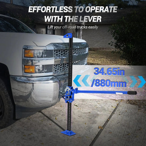 Image of a truck lifted by a Ratcheting Farm Jack 48 Inch Heavy Duty Lift 7,000 Lb Capacity For Tractor, Truck, SUV Off Road Utility Jack.