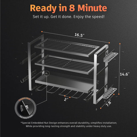 Illustration of Beefed Up Heavy Duty Power Tool Organizer Wall Mount with dimensions and embedded nut design feature.