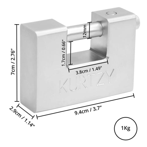 Heavy Duty 1kg Padlock With 5 Keys, Hardened Chrome Steel Monoblock Lock, 12mm Thick Shackle, product dimensions visible