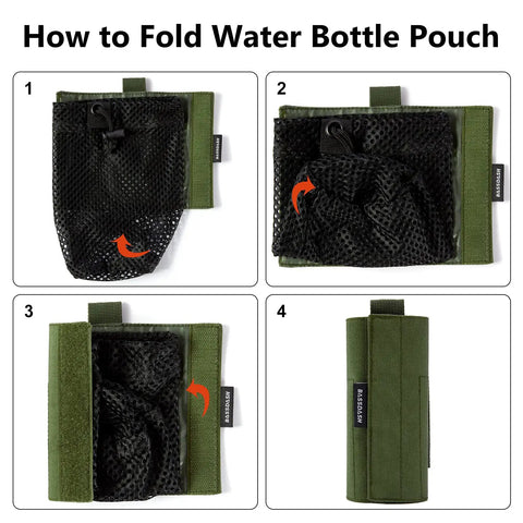 Step-by-step folding of Rugged Tactical Molle Water Bottle Pouch with Carabiner Foldable Mesh Holder for outdoor use.