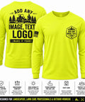 Premium Custom Men Long Sleeve Work Shirt Built Different Heavy Duty Hi Vis Safety Apparel Company Uniform Logo Print Durable Sun Shield Grind Ready Fit in bright yellow.