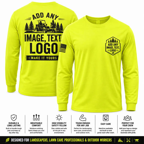 Premium Custom Men Long Sleeve Work Shirt Built Different Heavy Duty Hi Vis Safety Apparel Company Uniform Logo Print Durable Sun Shield Grind Ready Fit in bright yellow.