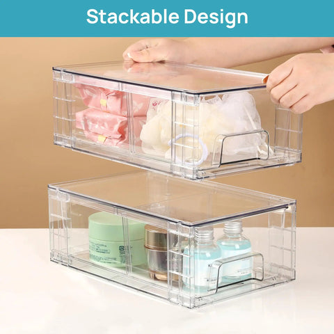 Solid 4 Pack Stackable Clear Storage Drawers With Removable Dividers To Crush Household Clutter Right Now, clear acrylic drawers holding brushes and products.