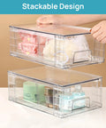 Kick Your Storage Game Up With This Six Pack Clear Acrylic Stackable Storage Drawers featuring smooth handles and removable dividers showing organized beauty products.