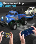 Pocket 1 To 64 Scale RC Truck With LED Lights And App Control, 2.4GHz Remote, Alloy Body towing another car, black, in action