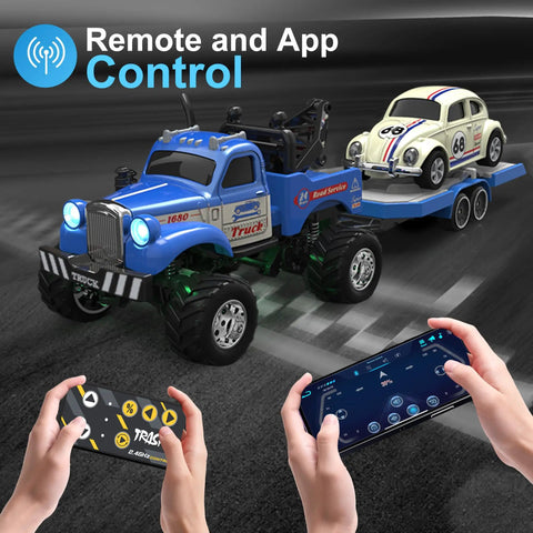 Pocket 1 To 64 Scale RC Truck With LED Lights And App Control, 2.4GHz Remote, Alloy Body towing another car, black, in action