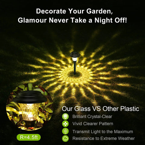 Glass Solar Lights Outdoor Waterproof 8 Pack Super Bright Solar Pathway Lights illuminating garden at night.