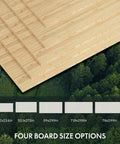 Different sizes of bamboo boards shown from above with forest backdrop, highlighting size options for the Sturdy Bamboo Standing Desk.