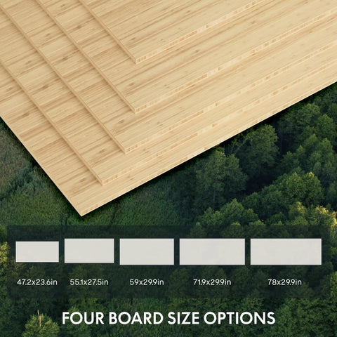 Different sizes of bamboo boards shown from above with forest backdrop, highlighting size options for the Sturdy Bamboo Standing Desk.
