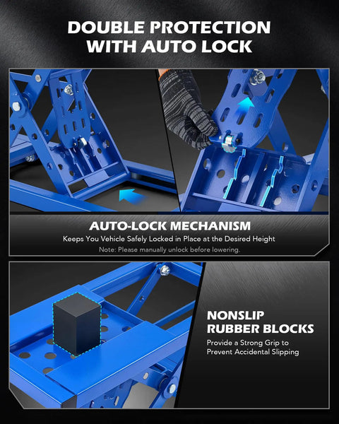Beefy 7000-Lb Portable Car Lift With Auto Lock showing double protection features and nonslip rubber blocks