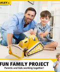Father and son building the Sweet Wooden Bulldozer Model Kit For Kids DIY Construction Truck Toy together indoors.