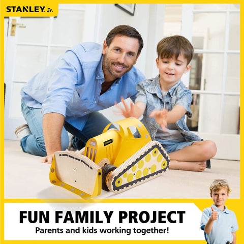 Father and son building the Sweet Wooden Bulldozer Model Kit For Kids DIY Construction Truck Toy together indoors.