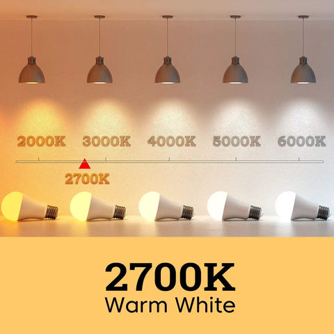 Lighting demonstration showing A19 LED Light Bulbs 100W Equivalent, 2700K Soft White glow, with spectrum chart from 2000K to 6000K.