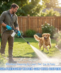 Person using Heavy Duty Pressure Washer Gun With Three Spray Modes in yard with dog, detachable soap dispenser visible
